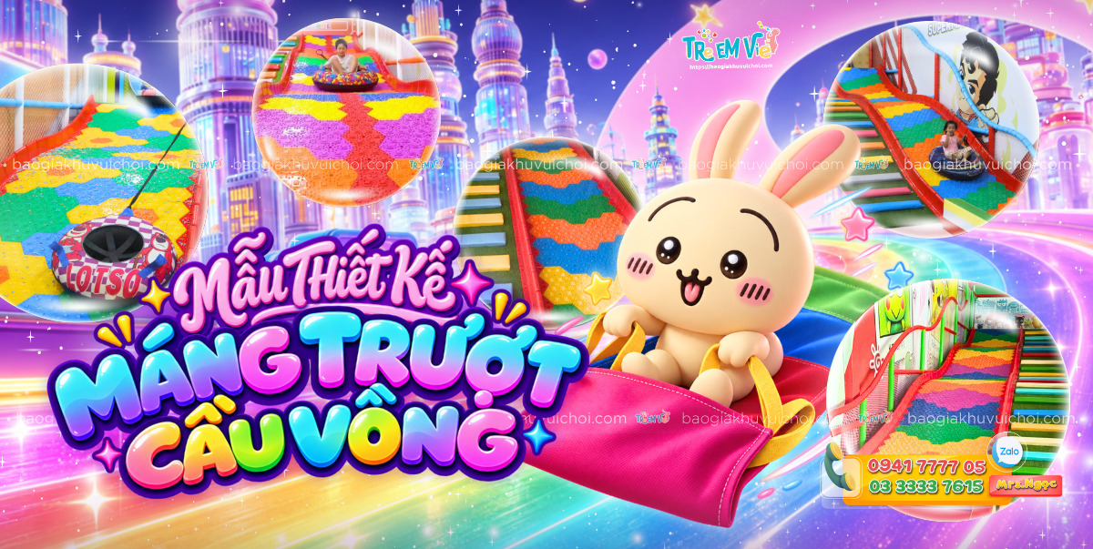Banner mẫu thiết kế máng trượt cầu vồng mới nhất khu vui chơi trẻ em