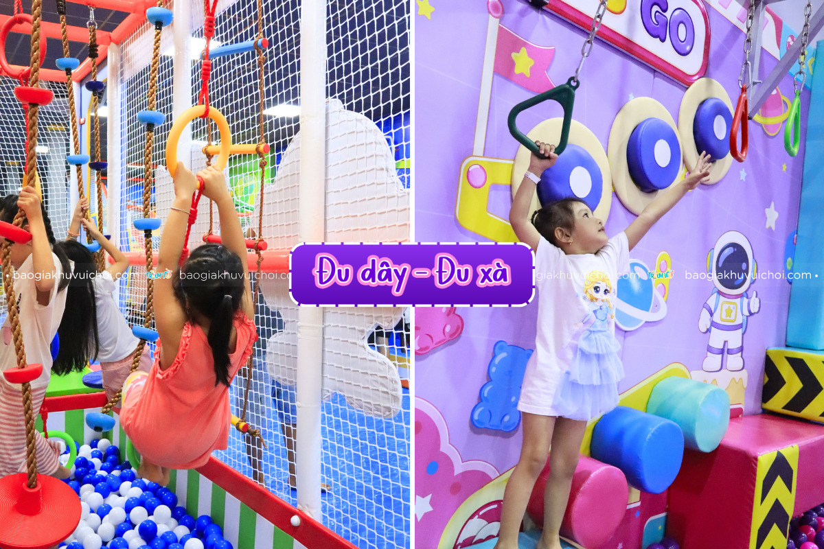 Dây đu và leo trèo bên trong các trò chơi vận động tại khu vui chơi trẻ em